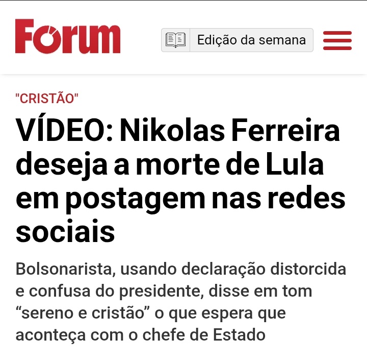<a href="/nikolas_dm/">Nikolas Ferreira</a> -encobriu o primo traficante
-fez vídeo ajudando facções criminosas
-deseja a morte dos outros

Super cristão