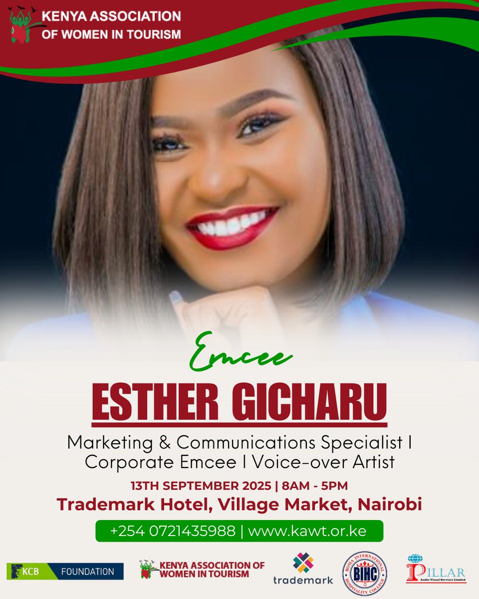 KAWTourism's tweet image. Meet Our Emcee: Esther Gicharu 

Esther Gicharu is a Marketing &amp;amp; Communications Specialist, Corporate Emcee, and Voice-over Artist with 7+ years of experience bringing events to life. 

#KAWT #HospitalitySummit2025 #WomenInTourism #KenyaTourism #HospitalityLeadership