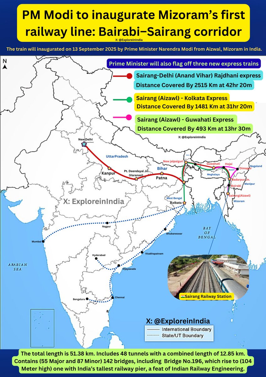 exploreinindia's tweet image. 🚨PM Modi to Inaugurate #Mizoram First Railway line #Bairabi-#Sairang 
on 13 Sep 2025

With 3 New Train Service 
🔶#Delhi to Sairang Rajdhani Express 
🔶#Kolkata Sairang Express 
🔶#Guwahati Sairang Express

#IndianRailways #india
@AshwiniVaishnaw @exploreinindia
@RailMinIndia