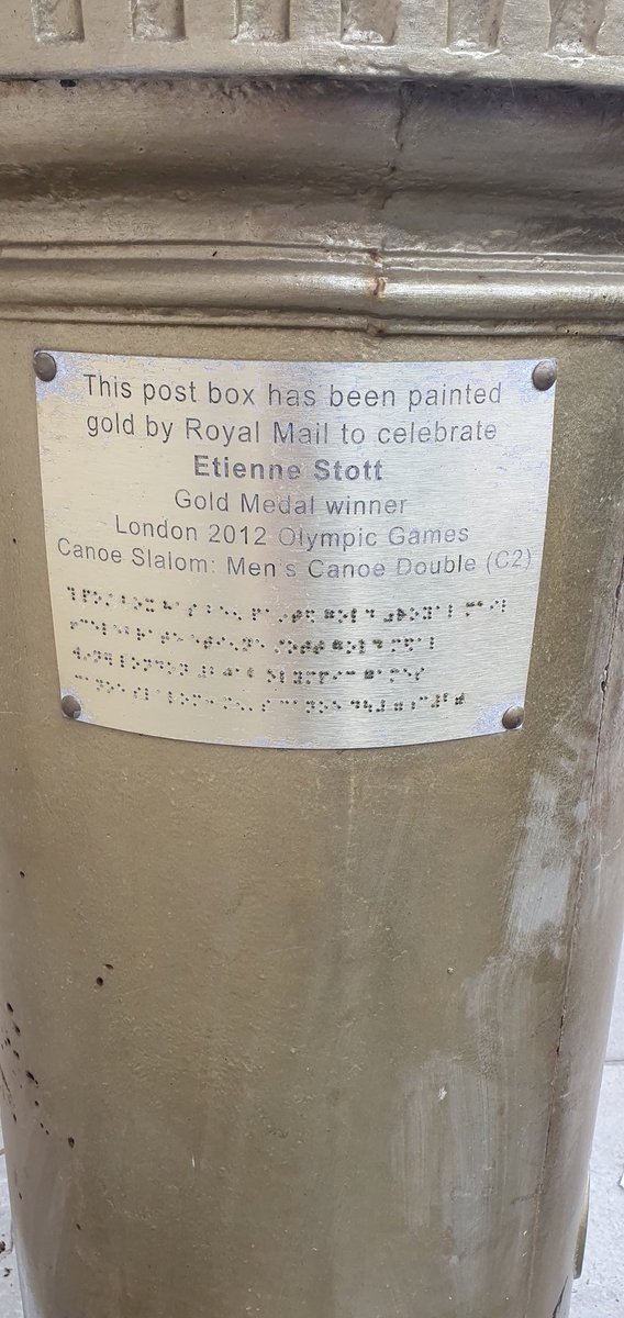 #postboxsaturday This gold one is in Bedford town centre to celebrate a gold medal win by Etienne Stott in the 2012 Olympic games.