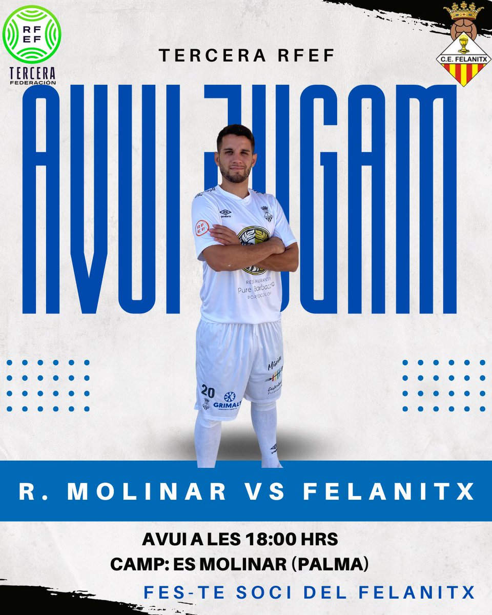 cefelanitx's tweet image. 𝗔𝗩𝗨𝗜 𝗝𝗨𝗚𝗔𝗠! 

👉 Jornada 2 - Tercera RFEF 

🆚 @udrotletmolinar  ⏰ 18:00 

🏟️ Camp mun. Es Molinar 

💥 Lluitarem per aconseguir el primer +3

🤍 Sempre junts, equip! 

#vamosfela #orgullfelanitxer