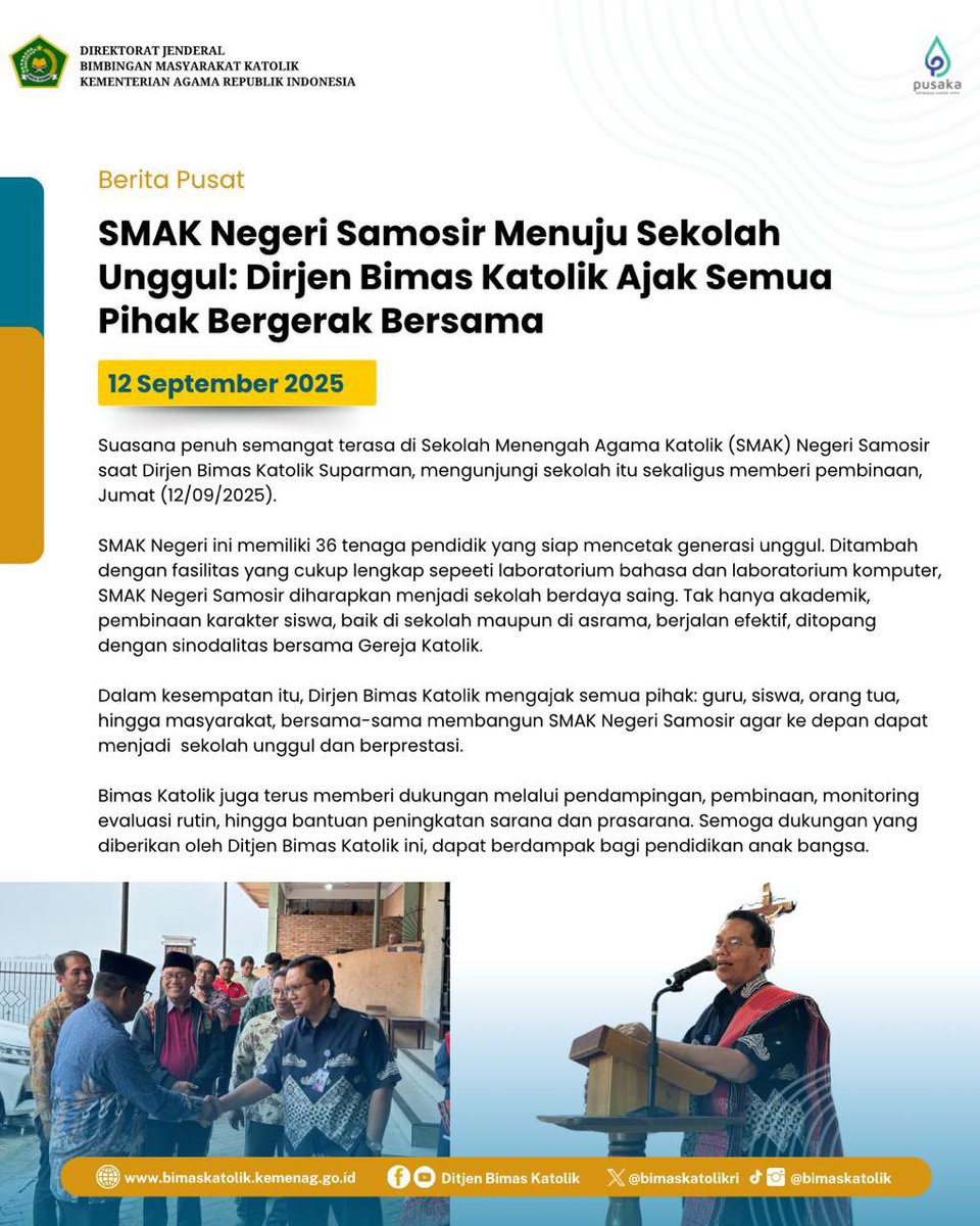 bimaskatolikri's tweet image. Selamat siang #SahabatReligi 🌻 

Kunjungan Dirjen Bimas Katolik Suparman, membawa semangat baru di SMAK Negeri Samosir. Didukung oleh 36 pendidik, fasilitas lengkap, dan pembinaan karakter, sekolah ini siap mencetak generasi unggul. 

#ditjenbimaskatolik
#katolik