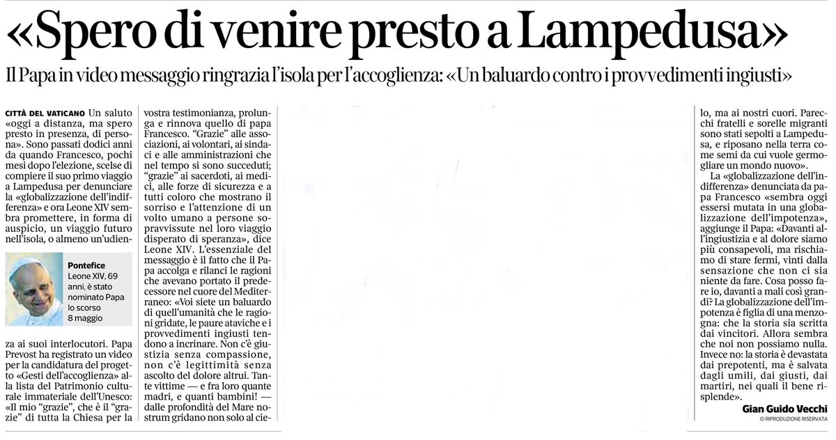 Il Papa ringrazia Lampedusa  per l’accoglienza dei migranti e spera di venire presto nell’isola
Gian Guido Vecchi, <a href="/Corriere/">Corriere della Sera</a>