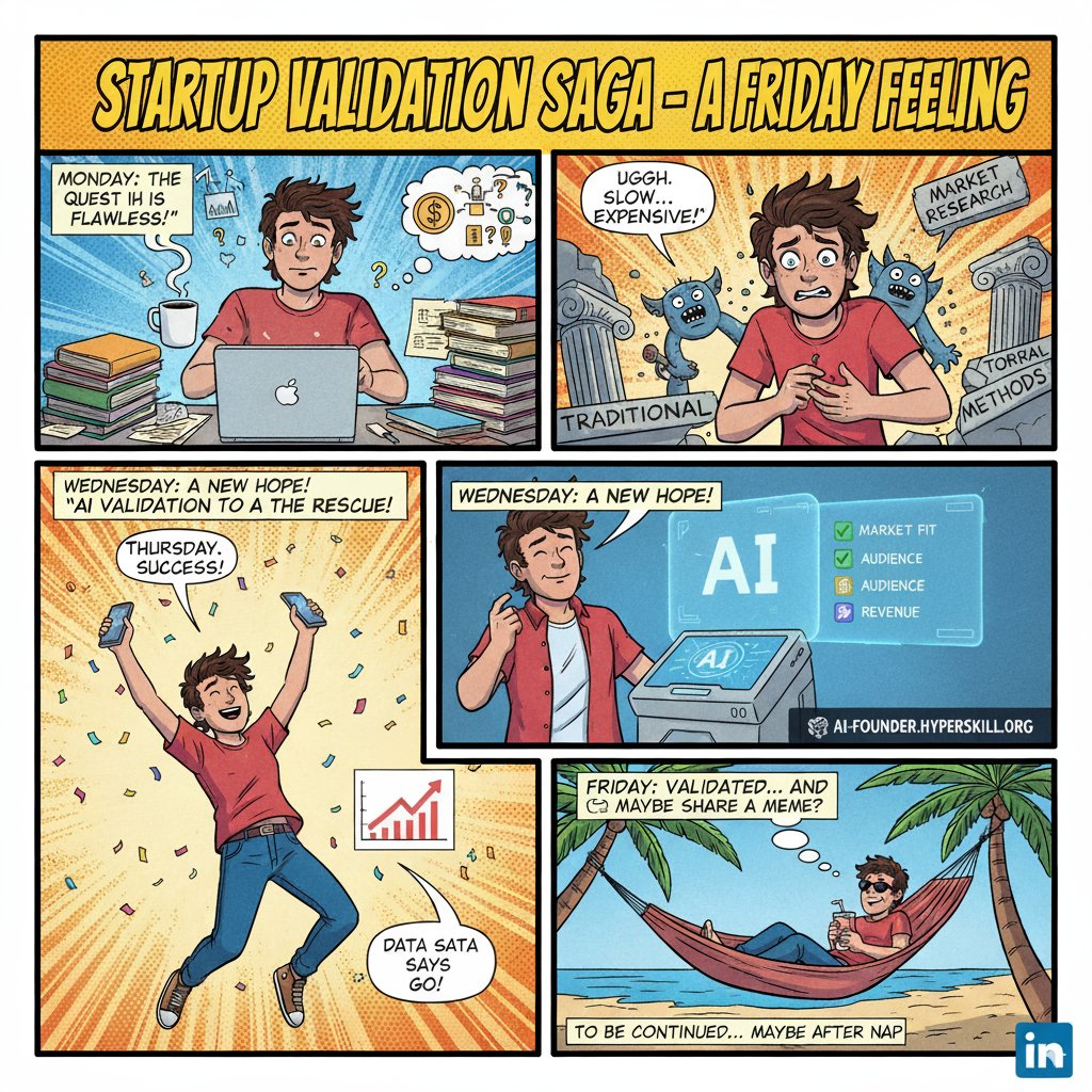 SergeyPoli59912's tweet image. From flawless Monday ideas 💡 to midweek despair 😩 … and then the rescue: AI-powered validation 🚀
By Friday you’re validated, hammock-ready, and maybe even posting memes 🌴✨
#StartupLife #FounderHumor #AIForStartups #Validation #FridayFeeling