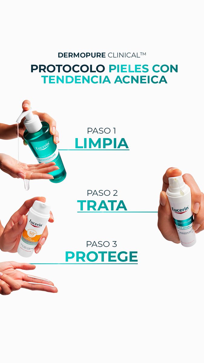 EucerinES's tweet photo. #DermoPure Clinical ™ es nuestro protocolo dermatológico para pieles con tendencia al #acné:
1. Gel Limpiador Purificante. Controla brillos y reduce imperfecciones.
2. Serum Triple Action. Corrige granos, manchas y puntos negros.
3. Oil Control. Alta protección solar. https://t.co/fJeNr0QUR4
