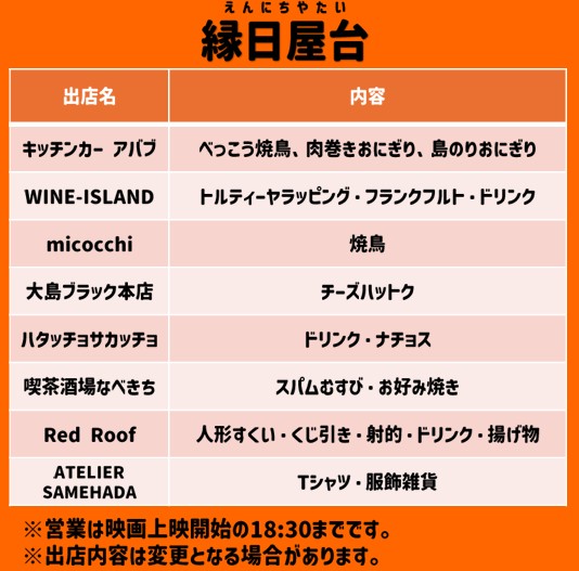 縁日屋台の一覧です！
※変更になっている部分もあるかもしれません