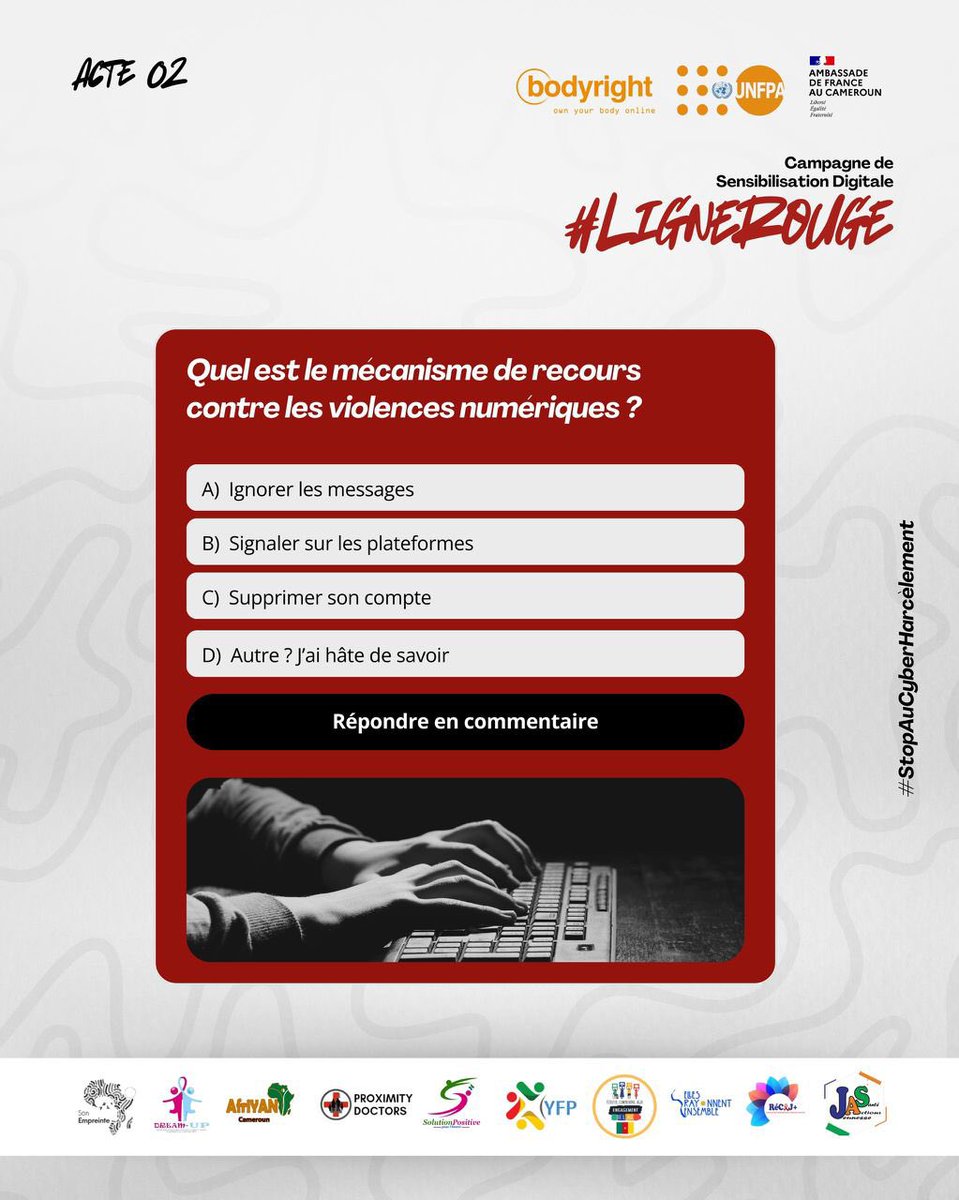 🔍 Énigme du jour 🔍
Ce mécanisme existe sur chaque réseau social.
Il protège, il alerte, il permet de mettre une limite.

❓Sauras-tu deviner de quel mécanisme il s’agit ?
<a href="/UNFPACameroon/">UNFPA au Cameroun</a> 
<a href="/PlanCameroon/">Plan International Cameroon</a> 
<a href="/CentreOdas/">Centre ODAS</a>