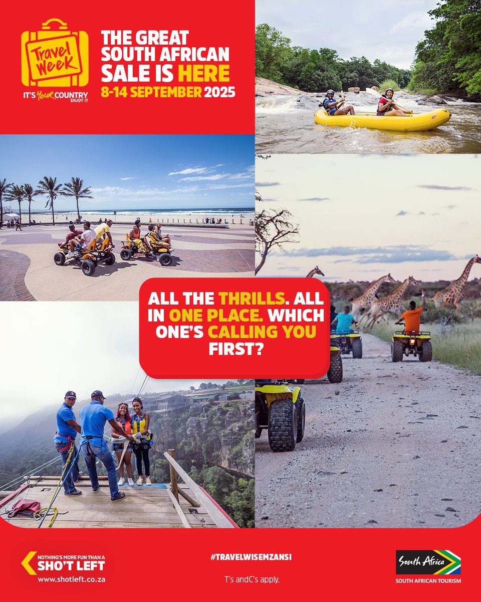 ShotLeft's tweet photo. Mzansi, ready to feel ALIVE? π΅ββοΈπ¨ Quad bikes or ziplining β which thrill is calling you first? Tag the crew & letβs go! ποΈ
#TravelWeek25 #ItsMySouthAfrica #TravelWiseMzansi https://t.co/7UPlb53W2F
