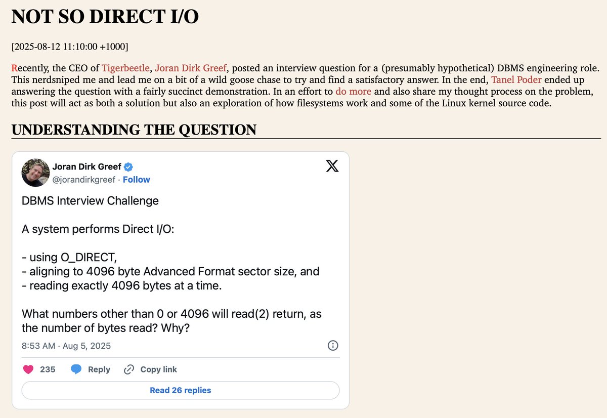 debasishg's tweet image. Unpacking the DBMS Interview Challenge Direct I/O question posted by @jorandirkgreef with a solution and also an exploration of how filesystems work with examples from some of the Linux kernel source code (link: 👇)