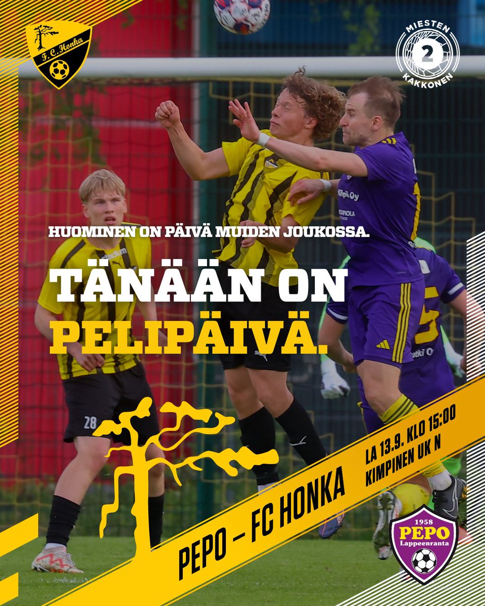 𝐇𝐮𝐨𝐦𝐢𝐧𝐞𝐧 𝐨𝐧 𝐩ä𝐢𝐯ä 𝐦𝐮𝐢𝐝𝐞𝐧 𝐣𝐨𝐮𝐤𝐨𝐬𝐬𝐚. 𝐓ä𝐧ää𝐧 𝐨𝐧 𝐩𝐞𝐥𝐢𝐩ä𝐢𝐯ä. 

Honka matkaa tänään Lappeenrantaan!

🟡 PEPO - FC Honka
🕕 La 13.9. klo 15:00
🏟️ Kimpinen UK, N

#MeOllaanHonka 

📸 Juhani Järvenpää