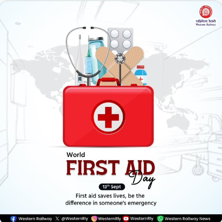 drmbct's tweet photo. A small act of care can save a life. 💙 
On this #WorldFirstAidDay, let’s spread awareness of the first response as the first step to safety. 📷 #FirstAidDay #WesternRailway #SafetyFirst
@WesternRly
@RailMinIndia https://t.co/B3cJIom22r
