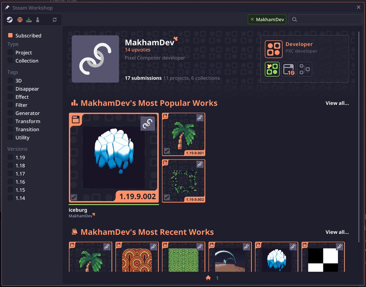 So I've been spending the last week building a full Steam Workshop integration to Pixel Composer. 

It's a breath of fresh air to be work on a more web stuff compare to the usual coding.