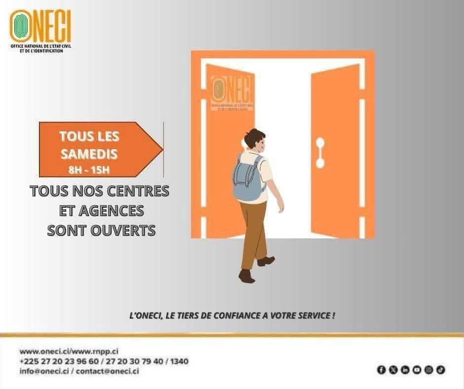 𝐎𝐍𝐄𝐂𝐈| 𝐄𝐍𝐑𝐎̂𝐋𝐄𝐌𝐄𝐍𝐓 𝐋𝐄𝐒 𝐒𝐀𝐌𝐄𝐃𝐈𝐒

L'Office National de l'Etat Civil et de l'Identification (ONECI) rappelle à ses usagers que tous ses centres et agences restent ouverts les samedis de 08H à 15H, sur toute l'étendue du territoire national.

ONECI, tiers de