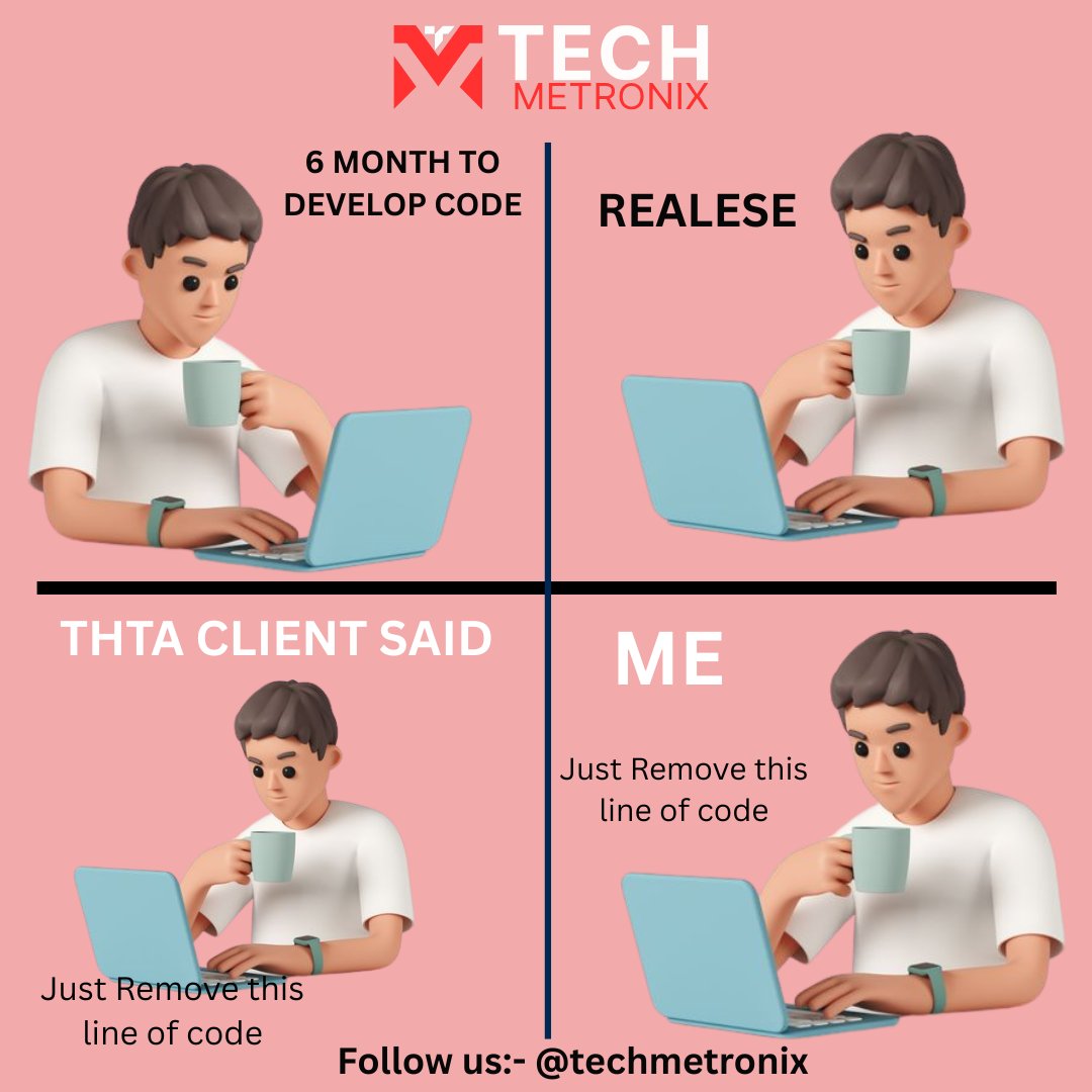 TechMetronix's tweet image. When your ‘quick fix’ takes 3 hours
That moment when debugging one small mistake turns into late-night coding. Who else has been there?
📞 Call Us: +91-8929185311
📩 Mail: info@techmetronix.com
#CodingMeme #ProgrammerLife #DevHumor #TechLaughs #LateNightCoding #TechMetronix