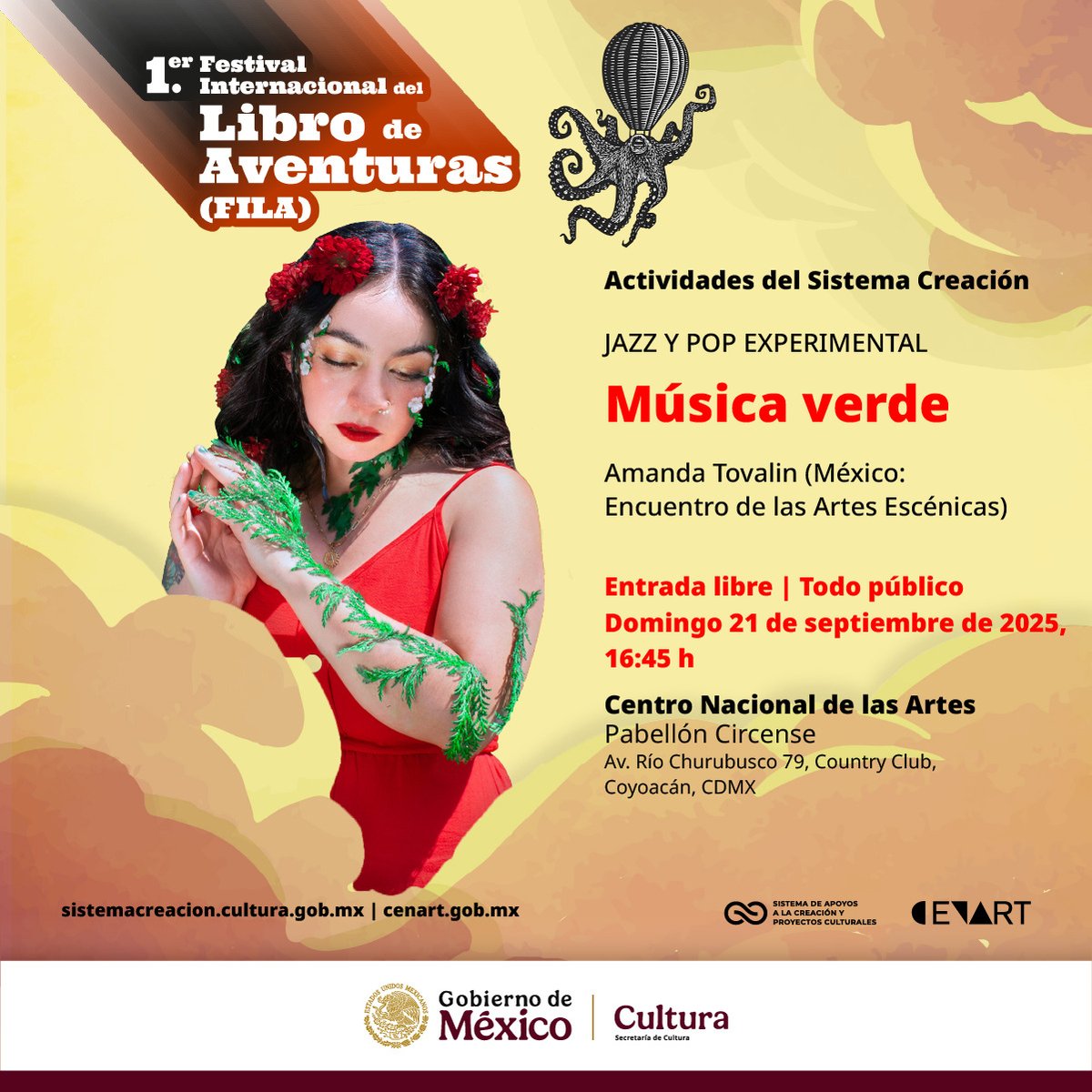 Sistema de Apoyos a la Creación (@sistemacreacion) on Twitter photo El próximo domingo disfruta de la propuesta musical de Amanda Tovalin (Enartes) en el 1er Festival Internacional del Libro de Aventuras, en el <a href="/cenartmx/">Centro Nacional de las Artes</a>.
21 de septiembre, 16:45 h
Entrada libre
<a href="/cultura_mx/">Secretaría de Cultura</a> El próximo domingo disfruta de la propuesta musical de Amanda Tovalin (Enartes) en el 1er Festival Internacional del Libro de Aventuras, en el <a href="/cenartmx/">Centro Nacional de las Artes</a>.
21 de septiembre, 16:45 h
Entrada libre
<a href="/cultura_mx/">Secretaría de Cultura</a>