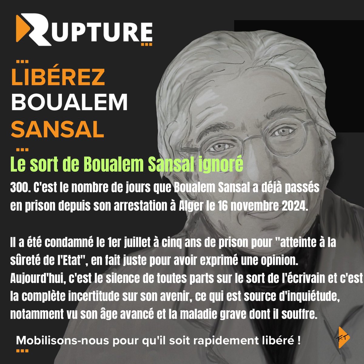Le sort de Boualem Sansal ignoré

300. C'est le nombre de jours que #BoualemSansal Sansal a déjà passés en prison depuis son arrestation à Alger le 16 novembre 2024. 

Il a été condamné le 1er juillet à cinq ans de prison pour "atteinte à la sûreté de l'Etat", en fait juste pour