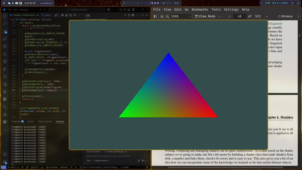Just an interpolated colored  triangle generates 129465 fragments
Honestly, I am having more fun than I expected