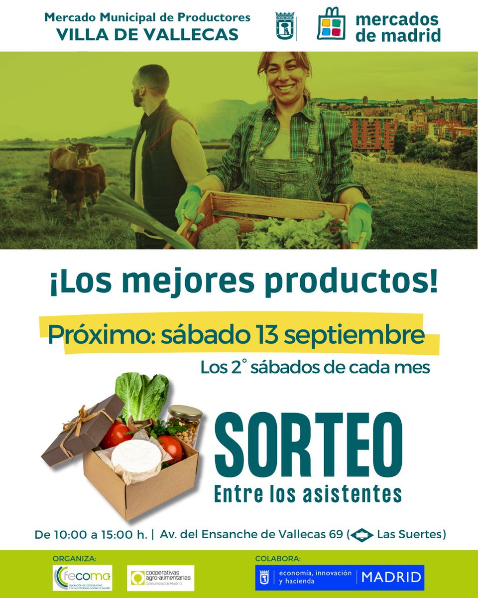 🥦🍅Tras el descanso estival, este sábado regresa el #MercadoDeProductores de #VillaDeVallecas.

👩‍🌾Pequeños productores y artesanos te acercarán la mejor mercancía del campo a tu barrio.

📍Av. Ensanche de Vallecas, 69
⏰ De 10 a 15h