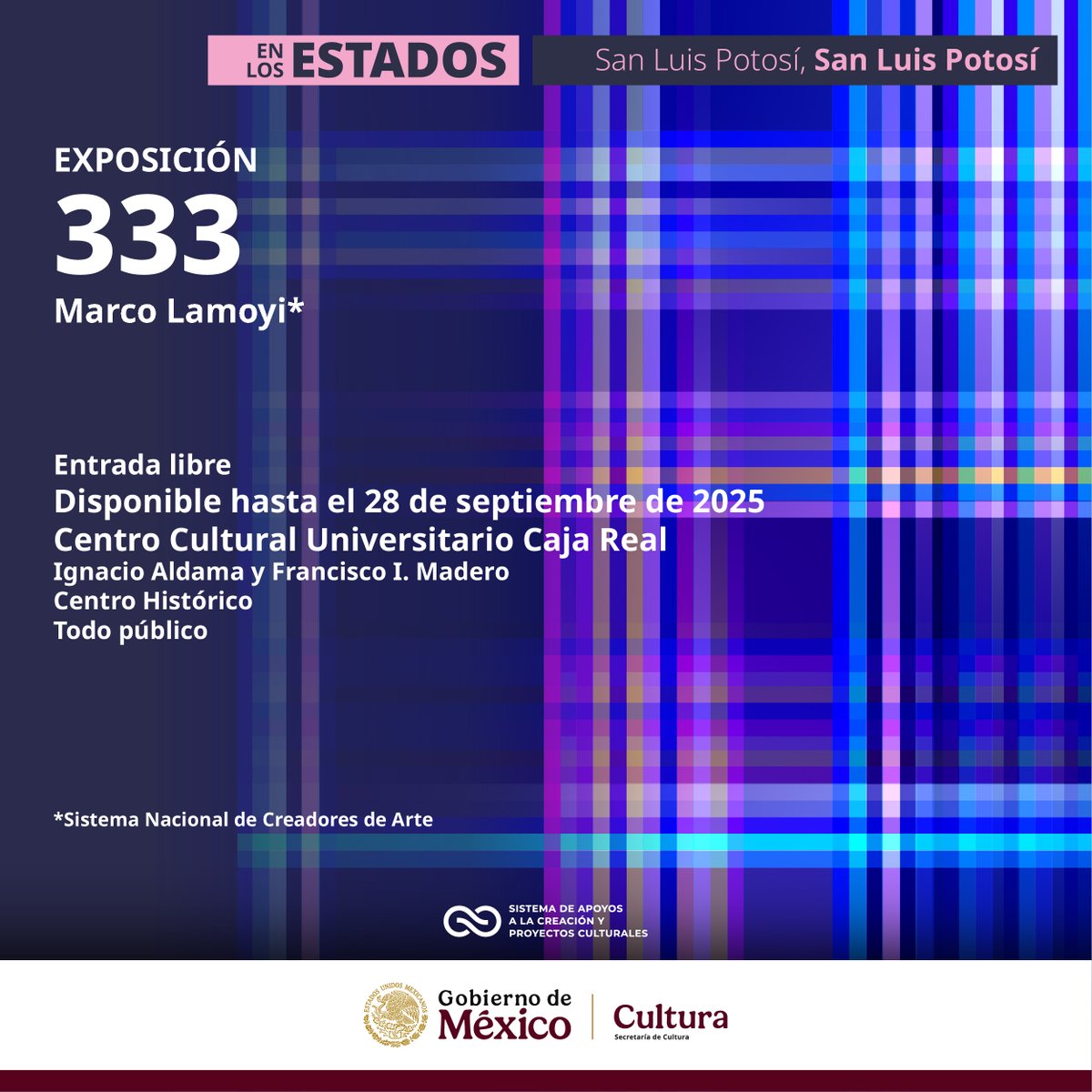 Sistema de Apoyos a la Creación (@sistemacreacion) on Twitter photo "333" es una exposición del artista visual Marco Lamoyi (SNCA) que reúne más de 60 obras en óleo, fotografía e instalación que exploran el simbolismo del número 3 como eje de la creatividad y el equilibrio espiritual. ¡Aprovecha la oportunidad en San Luis Potosí!
<a href="/cultura_mx/">Secretaría de Cultura</a> "333" es una exposición del artista visual Marco Lamoyi (SNCA) que reúne más de 60 obras en óleo, fotografía e instalación que exploran el simbolismo del número 3 como eje de la creatividad y el equilibrio espiritual. ¡Aprovecha la oportunidad en San Luis Potosí!
<a href="/cultura_mx/">Secretaría de Cultura</a>