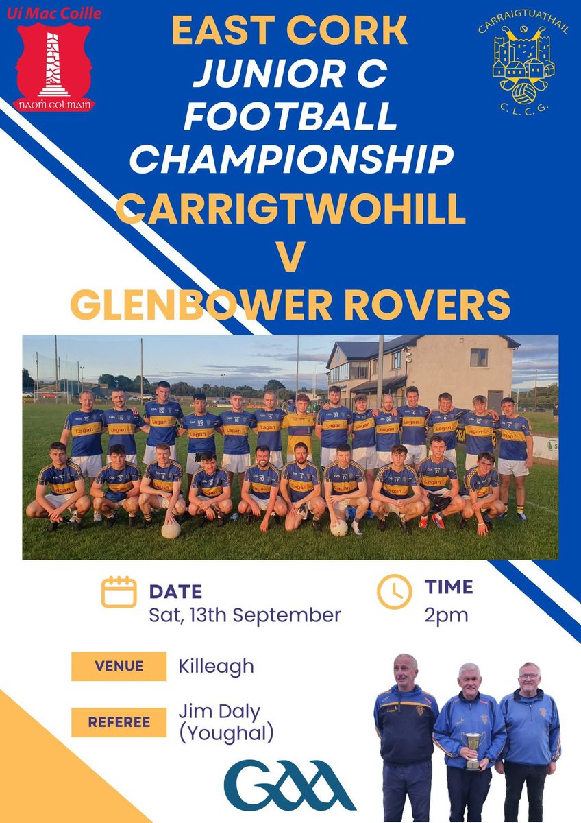 The junior C footballers will line out against Glenbower Rovers in their final group game of the championship in Killeagh this afternoon.

We wish the panel of players and the management of Peter Hogan (manager), Kieran Horgan &amp; Dave Carroll the very best of luck in the game. 🇺🇦