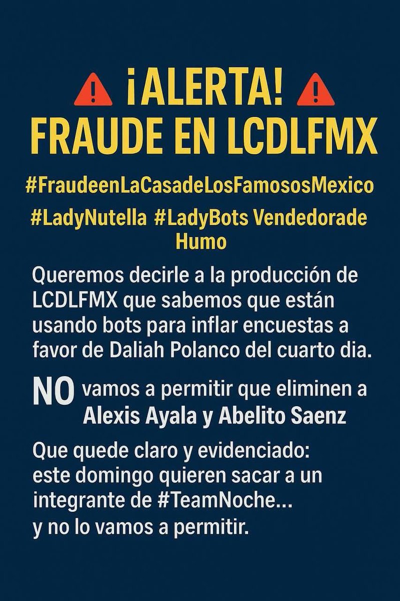 ➖ TEAM NOCHE ha lanzado el siguiente COMUNICADO en sus redes➖

“No vamos a permitir que eliminen a Alexis Ayala y Abelito Sáenz”

#TeamNoche #AlexisAyala #Abelito #LaCasaDeLosFamososMx #LCDLFMX3