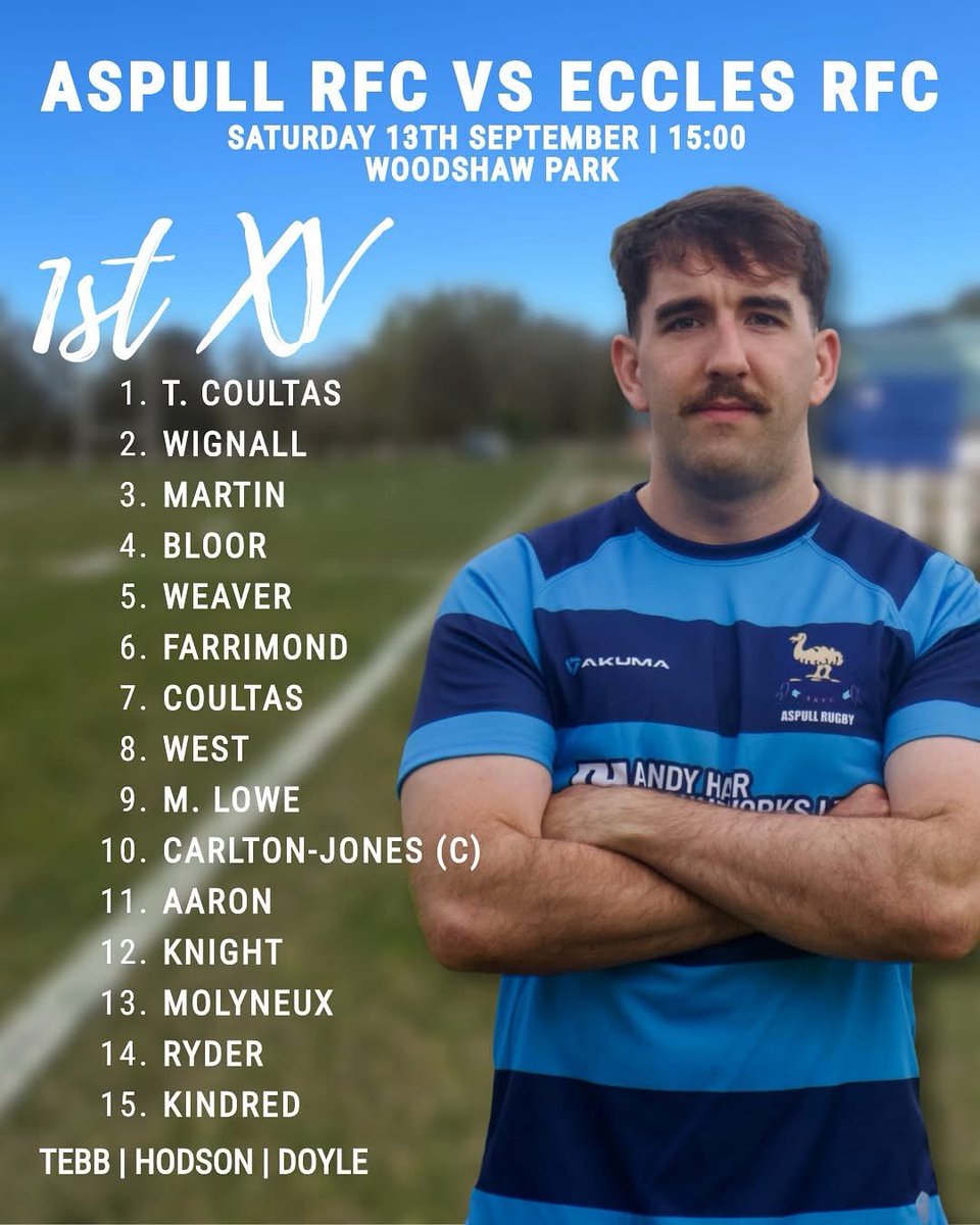 Aspullrfc's tweet image. 💙🏉 MATCHDAY ANNOUNCEMENT 🏉💙

This Saturday our 1st XV take on Eccles RFC at Woodshaw Park!
📅 Saturday 13th September
⏰ 3:00pm Kick Off
📍 Woodshaw Park (Home)

Here’s your Aspull RFC 1st XV 👇

The bar and food will be open — come along and support the lads!