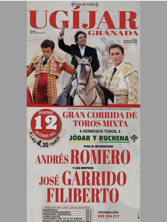 Campuzano4Tomas's tweet photo. Ahora siii.. FILIBERTO lo contrataron para torear una extraordinaria corrida de toros, 12 octubre FILIBERTO se vestirá de luces en este 2025. 
Su cita será en UGIJAR (Granada).
Toda la suerte del mundo porque esto solo acaba de empezar 💪🍀👏 https://t.co/yfpywNNzzz