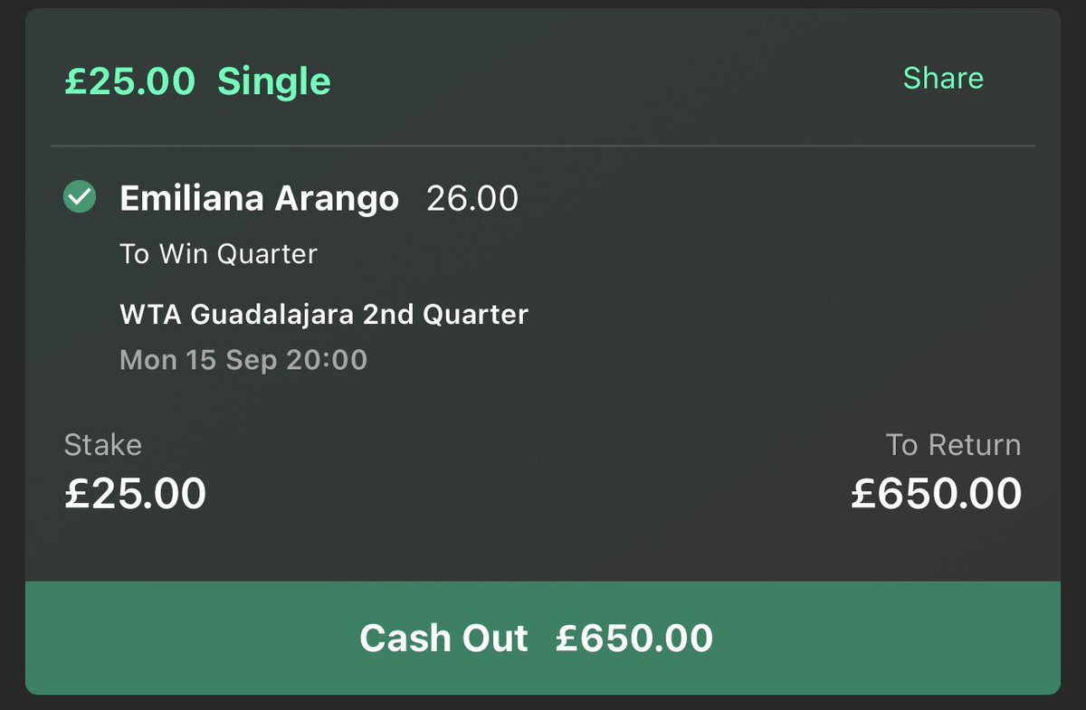 Arango lands us a 25/1 winner! Vamos 🇨🇴

Tjen now a 5/4 favourite for the São Paulo title too. 

What a week! 🎾

Show me slips if you were on ❤️