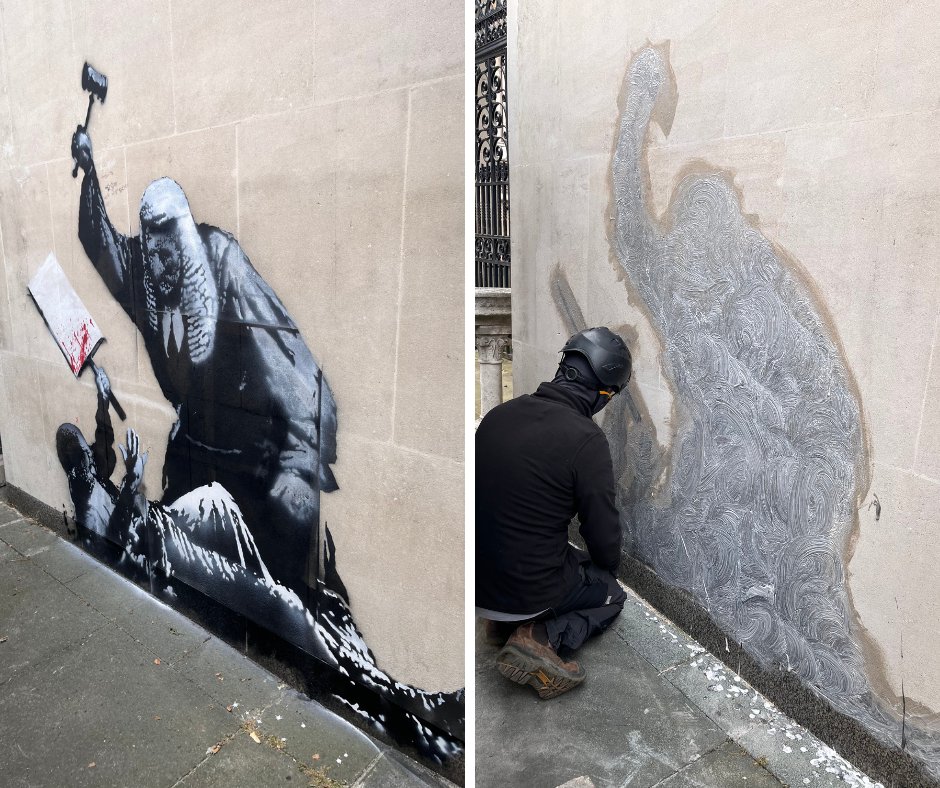 GoodLawProject's tweet image. Did scrubbing off Banksy’s mural silence protest or make the message louder? 🤔