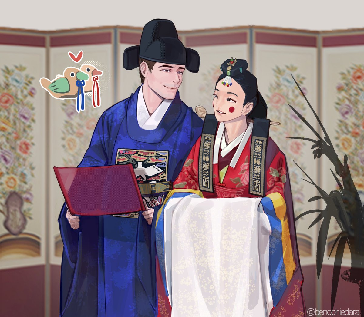 benophiedara's tweet image. #SophieWeek Day 7 -  HOW DO YOU RELATE TO SOPHIE?
To me, it&apos;s Korean heritage😊 and I wanted to make them wear Korean traditional marriage hanbok🥰
#BridgertonS4 #Benophie