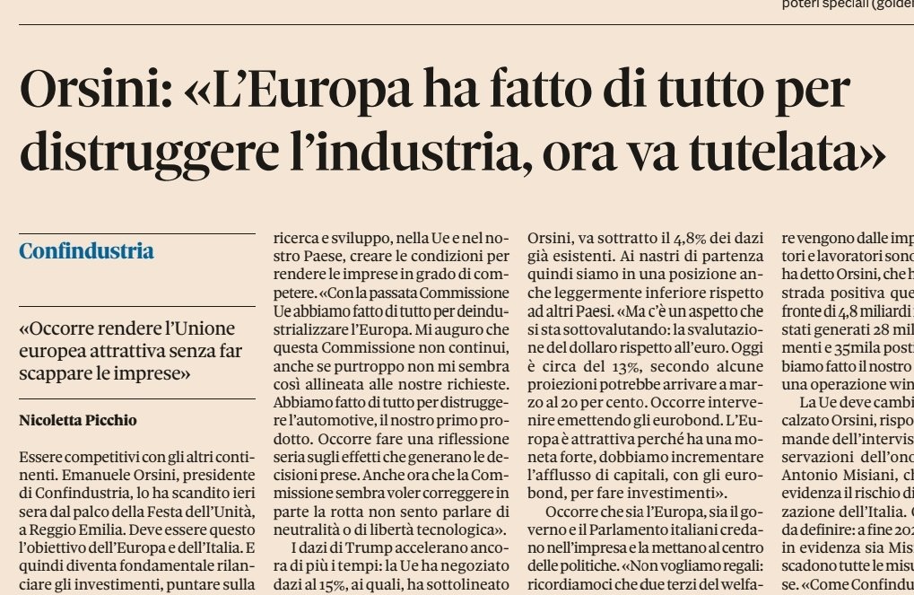 Se l'Unione Europea ha fatto di tutto per distruggere l'industria (come effettivamente ha fatto), per tutelare l'industria dei Paesi europei l'unica cosa da fare è distruggere l'Unione Europea.