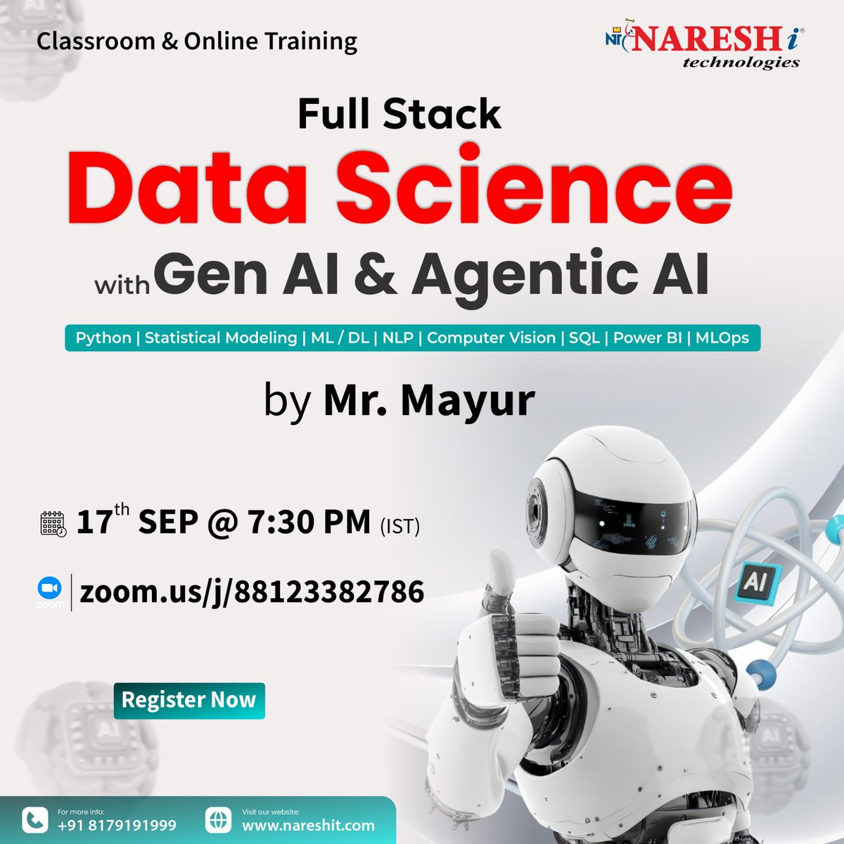 nareshitech's tweet image. 🚀 Classroom & Online Training 🚀
✍️For Register: t.ly/DSAI-15SE
Full Stack Data Science powered by Gen AI & Agentic AI 🌐
👨🏫 Trainer: Mr. Mayur
📅 Date: 17th Sept 2025🕖 Time: 7:30 PM (IST)
#FullStackDataScience #GenerativeAI #AgenticAI #AI #Machinelearning #bigdata