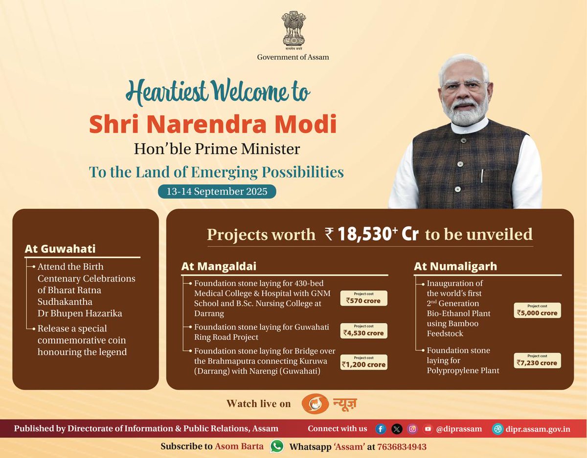 Sudhakantha Dr. Bhupen Hazarika’s legacy is being celebrated by the Nation, with Hon'ble Prime Minister joining the celebration of the Birth Centenary celebrations today. #AssamWelcomesModi