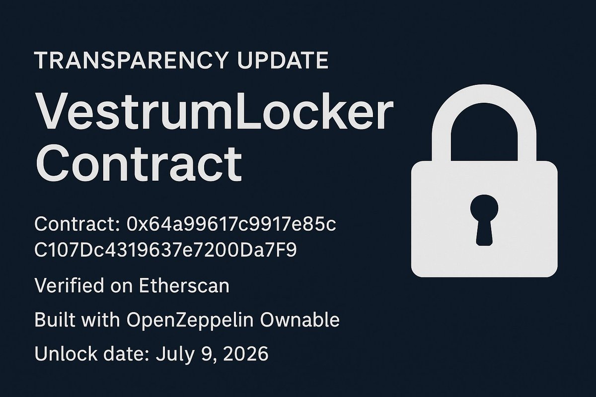 🔒 Transparency First

Our Vestrum Ecosystem Locker secures Ecosystem + Marketing allocations on Ethereum Mainnet.

Contract: 0x64a99617c9917e85cC107Dc4319637e7200Da7F9

Verified on Etherscan

Built with OpenZeppelin Ownable

Unlock date: July 9, 2026

No backdoors. No early