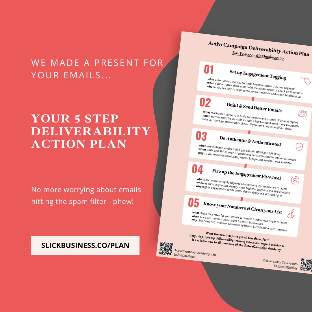 Slick_Biz's tweet image. Don&apos;t let the junk folder eat your @ActiveCampaign emails!

👉 GRAB THIS FREE 5-STEP ACTION PLAN

Great deliverability is easy when you know the key things to do + NOT do 🙌

Your plan: slickbusiness.co/plan 

#ActiveCampaignStrategy #GetToTheInbox #Deliverability