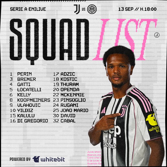 A person wearing a Juventus soccer jersey with black and white vertical stripes, featuring pink accents and a Jeep logo. The jersey has a WhiteBit patch on the sleeve. Text overlay includes "SQUAD LIST" in large pink and white letters, a date "13 SEP / H18:00," and names like Perin, Bremer, and Vlahovic listed vertically.
