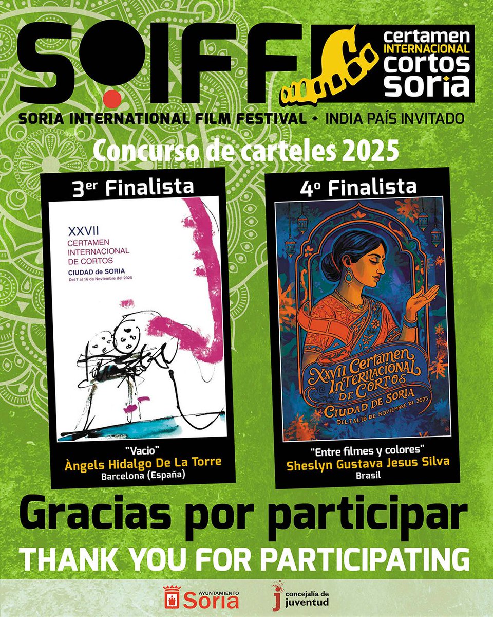 Y las últimas finalistas del concurso de carteles #cortossoria25 ,fueron <a href="/hidalgo_angels/">Angels Hidalgo</a> en Barcelona y , la brasileña, Sheslyn Gustava Jesús Silva.
Enhorabuena a las dos👏🏼👏🏼.

<a href="/cjuventudsoria/">Concejalía Juventud</a>
<a href="/Ayto_Soria/">Ayuntamiento de Soria</a> 

#eligecorto #eligecine #eligesoria #postercontest