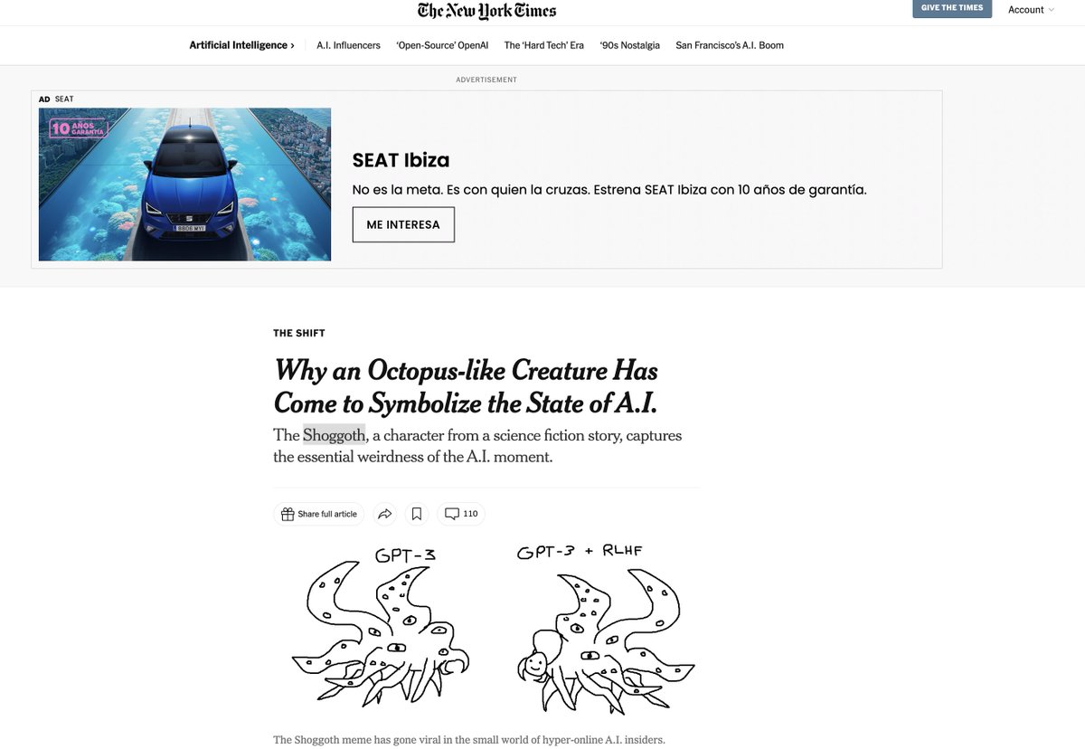 CheekAnalytics's tweet image. New York Times: Why an Octopus-like Creature Has Come to Symbolize the State of A.I. $Shoggoth

nytimes.com/2023/05/30/tec…