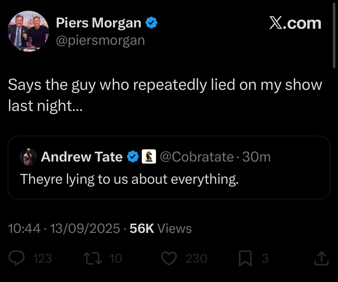 Mo Ansar (@moansar) on Twitter photo Two things can be true at once, <a href="/piersmorgan/">Piers Morgan</a>.
Israeli propagandist faux outrage argues with intelligence asset. The nonsense continues.
@cobratate, focus on your Islam. You’re not here to lead anyone.
Sigh. Two things can be true at once, <a href="/piersmorgan/">Piers Morgan</a>.
Israeli propagandist faux outrage argues with intelligence asset. The nonsense continues.
@cobratate, focus on your Islam. You’re not here to lead anyone.
Sigh.