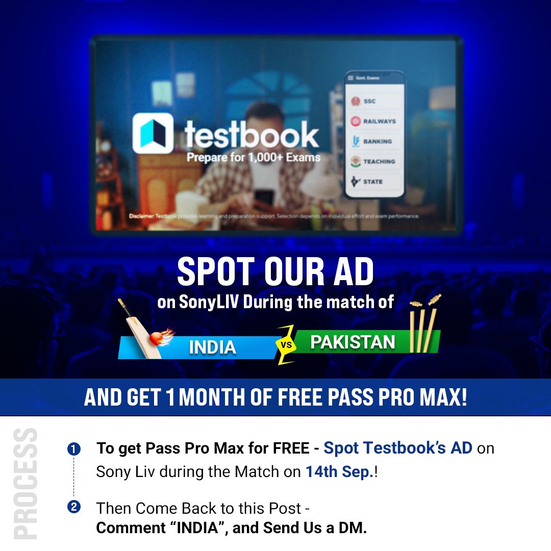 Testbookdotcom's tweet image. Spot Testbook’s ad on the Sony Liv app during the match to get 1 month of free Pass Pro Max.
Note: Message us on Instagram to claim your free Pass Pro Max.
#testbook #indiavspak #Cricket #AsiaCup #Hardikpandya𓃵