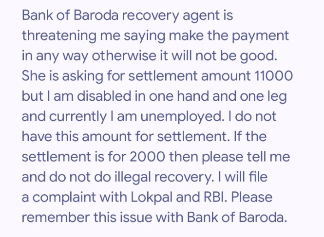 Bank of Baroda credit card 2640 illigal recovery prectice settlement amount not possible 11000
I have only 2000 for Settlement 
I'm pwd person and not working condition hand hand leg 
<a href="/bobcardofficial/">BOBCARD</a>