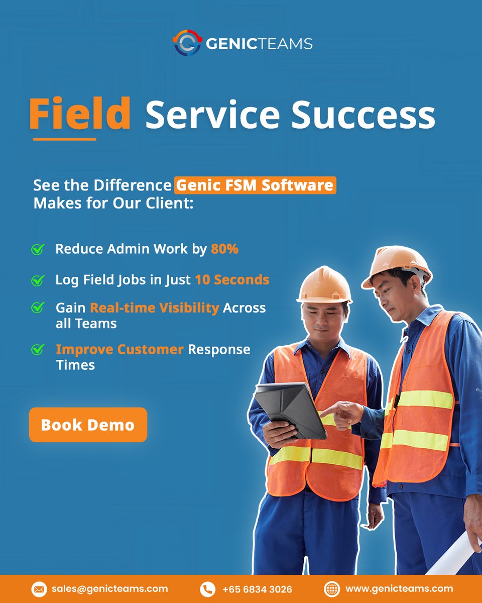 GenicTeams's tweet image. Genic Teams offers powerful Field Service Management Software designed for efficiency.
📞 +65 6834 3026
📩 sales@genicteams.com
🌐 genicteams.com/book-demo/
#GenicTeams #FieldServiceManagement #FSMSoftware #WorkforceManagement #ServiceAutomation #JobScheduling #FieldOperations