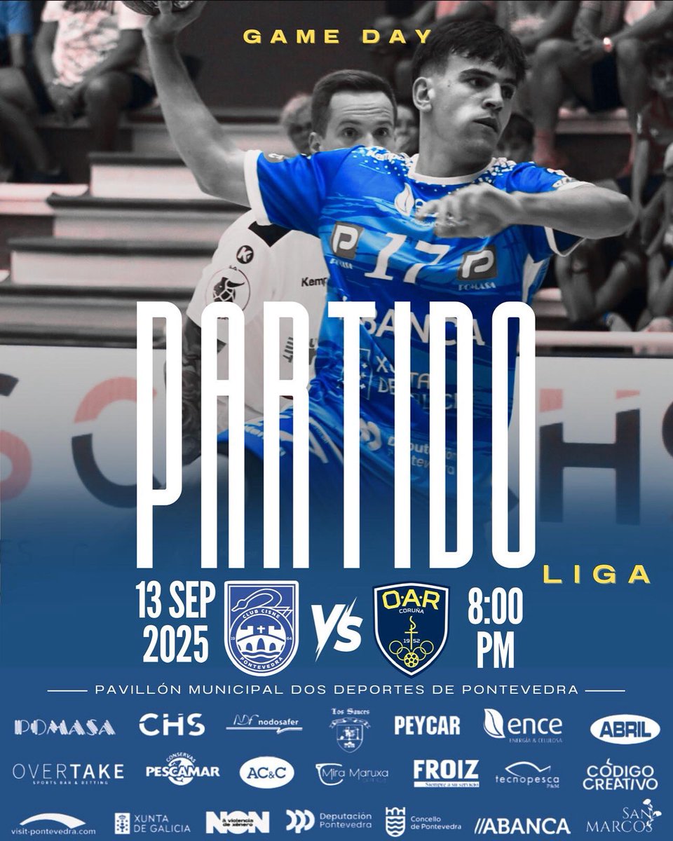 𝐂𝐢𝐬𝐧𝐞 𝐃𝐚𝐲 🦢💙 con derbi galego. 

🆚 <a href="/OARCorunaBM/">O.A.R Coruña</a> 
⏰ 20:00h
📍 Pavillón dos Deportes <a href="/Pontevedrate/">Concello de Pontevedra</a> 

🥁🩵🤍🩵🥁

#DHPM 
#ONosoDerbi