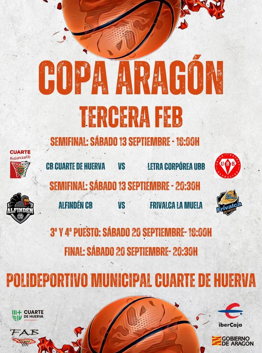 🏀Hoy arranca la Copa Aragón de Tercera FEB – Trofeo Ibercaja.

📍 Cuarte de Huerva
⏰ 18:00h | <a href="/CBCuarte/">CB Cuarte de Huerva</a>  🆚 <a href="/UBBARBASTRO/">Union Basket Barbastro</a> 
⏰ 20:30h | <a href="/AlfindenCB/">ALFINDEN CB</a> 🆚 <a href="/BasketLaMuela/">Baloncesto La Muela</a> 
👉 ¿Quién pasa a la final? 🔥
#CopaAragón #TerceraFEB #BaloncestoAragonés <a href="/FabasketAragon/">FABASKET</a>