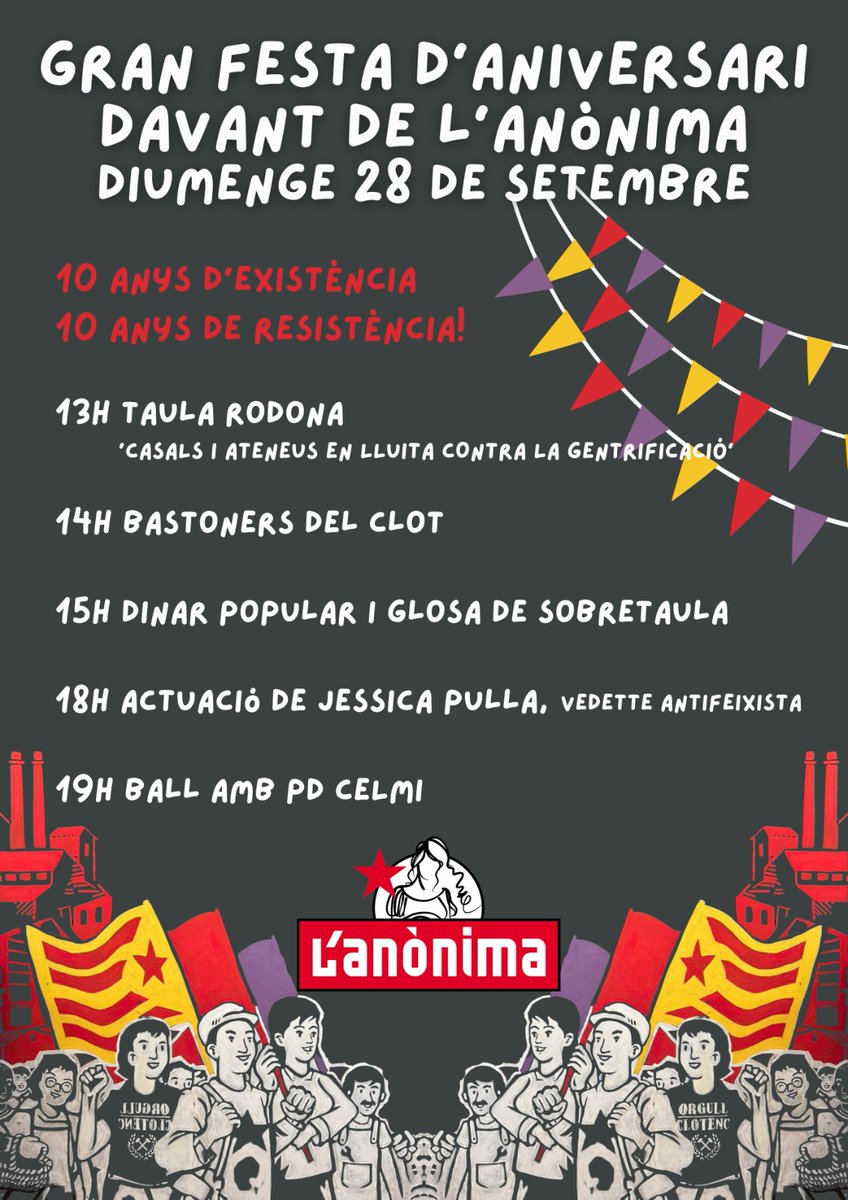 #10Aniversari | Diumenge #28S celebrem el 10è aniversari! 🎂🎊🎂

A partir de les 13h, amb una taula rodona amb <a href="/CasalsiAteneus/">Casals i Ateneus</a>, bastoners, dinar, <a href="/socjessicapulla/">Jèssica Pulla</a>, PD's i més sorpreses!

No hi falteu! 😉 #10AnysAnònima