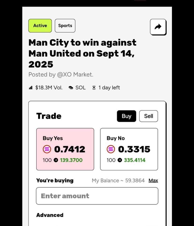 lordkaylebb's tweet photo. Man City vs Man Utd, Sept 14.
I’m not watching—I’m trading.
Bought 100 YES @ 0.7412.
If City wins, I eat. If they lose, Pep owes me SOL.
@xomarket 
#XodotMarket #FootballAlpha #SOLgang https://t.co/jZcxUWxPrc