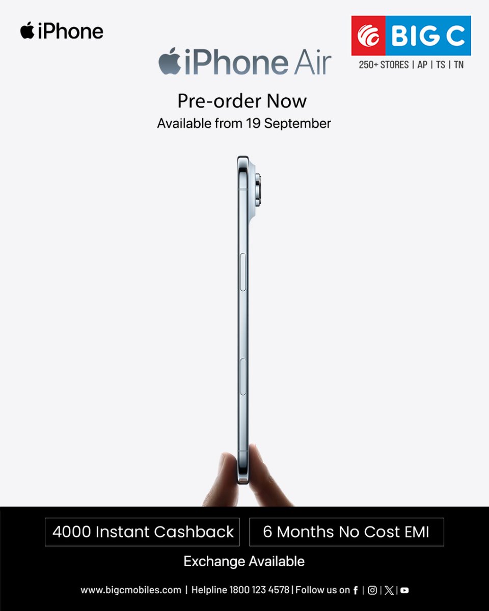 📱✨ Pre-Order Alert!✨
📱The wait is over – iPhone Air is coming to Big C Mobiles! 🚀
✅ Pre-Order Now &amp; Be the First to Own It
Pre-Book Now: bit.ly/4ghN1Fy
📞 Call us today: 1800 123 4578

#iphoneair #bigcmobiles #preordernow  #applelaunch #bigcdeals #retail #retailers