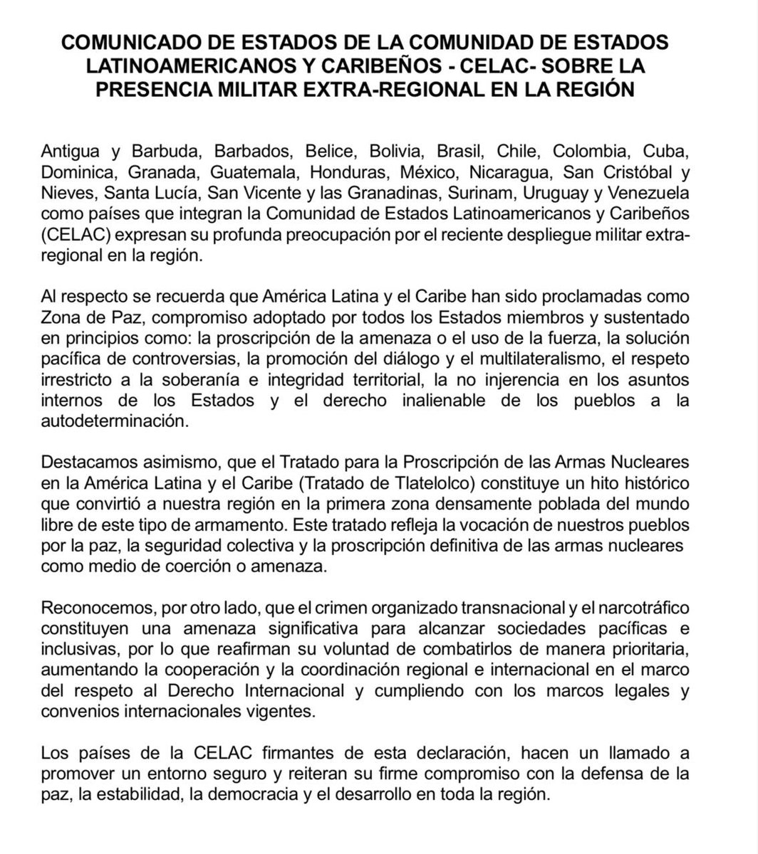 Countries that form the Community of Latin American and Caribbean States (CELAC) express their deep concern over the recent military deployment in the region.