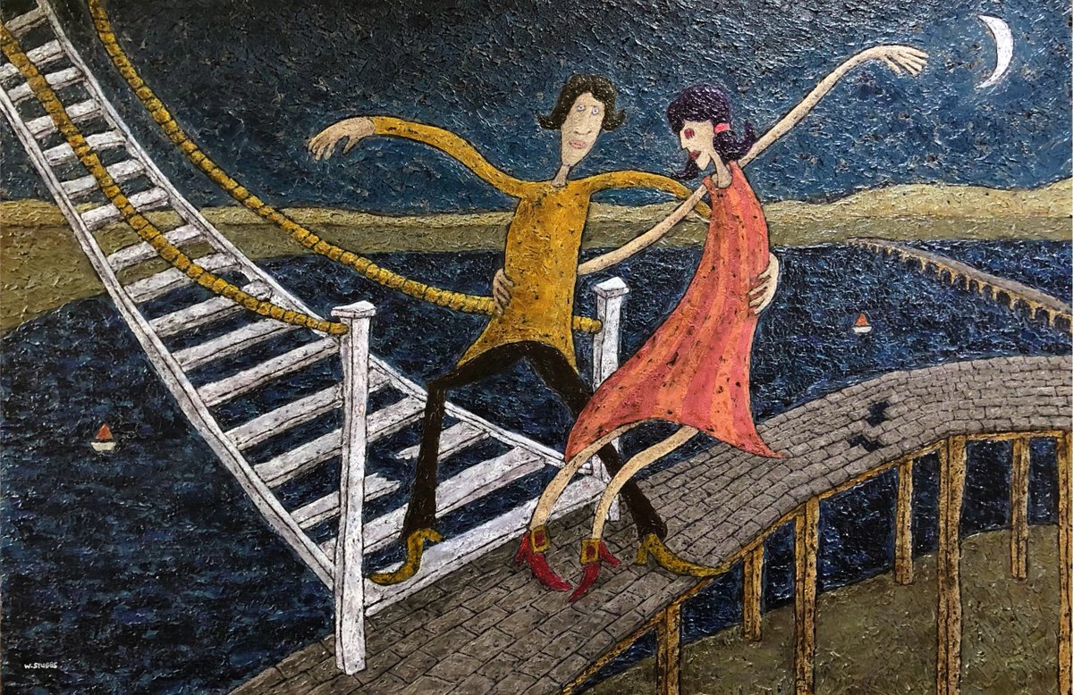 Morning all. I'll have a new painting to show you tomorrow.

Whilst working on it I realised that it reminded me of this piece that sold a few years back. Maybe the new piece is what happened once they crossed the bridge.

'Together We Danced Across Every Bridge' (2021 - sold).