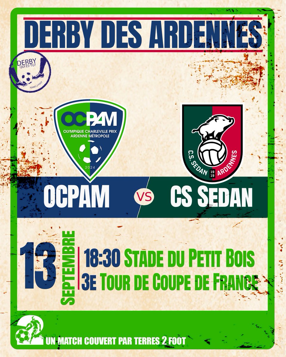Terres2foot's tweet image. ⚽️ DERBY DAY 🔥
#OCPAM⚡️@_CSSA

Un derby bouillant dans les Ardennes pour un 3e tour de @coupedefranceCA avec une équipe de N3 et une de R1 ! Déjà un classique ! 

🕓 18h30
🏟️ Stade du Petit Bois (Charleville-Mézière)